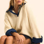 Rib-Knit and Denim Layered-Look Split-neck Collared Sweater