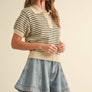 Striped Button Front Short Sleeve Knitted Top