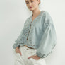 Denim Embroidery Volume Sleeve Blouse Top by Aaron & Amber