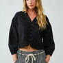 Denim Embroidery Volume Sleeve Blouse Top by Aaron & Amber