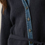 Rib-Knit & Denim Collared Buttoned Belted Mini Sweater Dress