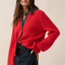 Ribbed Knit and Denim Button-Front Collared Cardigan