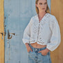 Denim Embroidery Volume Sleeve Blouse Top by Aaron & Amber