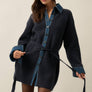Rib-Knit & Denim Collared Buttoned Belted Mini Sweater Dress