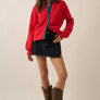 Ribbed Knit and Denim Button-Front Collared Cardigan