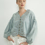 Denim Embroidery Volume Sleeve Blouse Top by Aaron & Amber