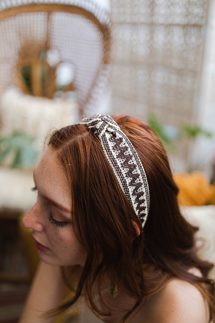Embroidered Stitch Boho Knotted Headband In Brown