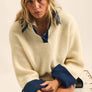 Rib-Knit and Denim Layered-Look Split-neck Collared Sweater