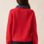Ribbed Knit and Denim Button-Front Collared Cardigan