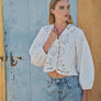 Denim Embroidery Volume Sleeve Blouse Top by Aaron & Amber