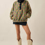 Floral Sherpa Fleece and Denim Half-Snap Pullover Jacket