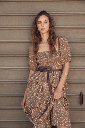 Victorian Floral Smocked Maxi Dress with Puff Sleeves and Ruffles