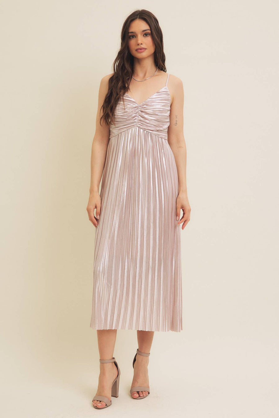 Shiny Metallic Pleated Midi Dress with Smocked Back