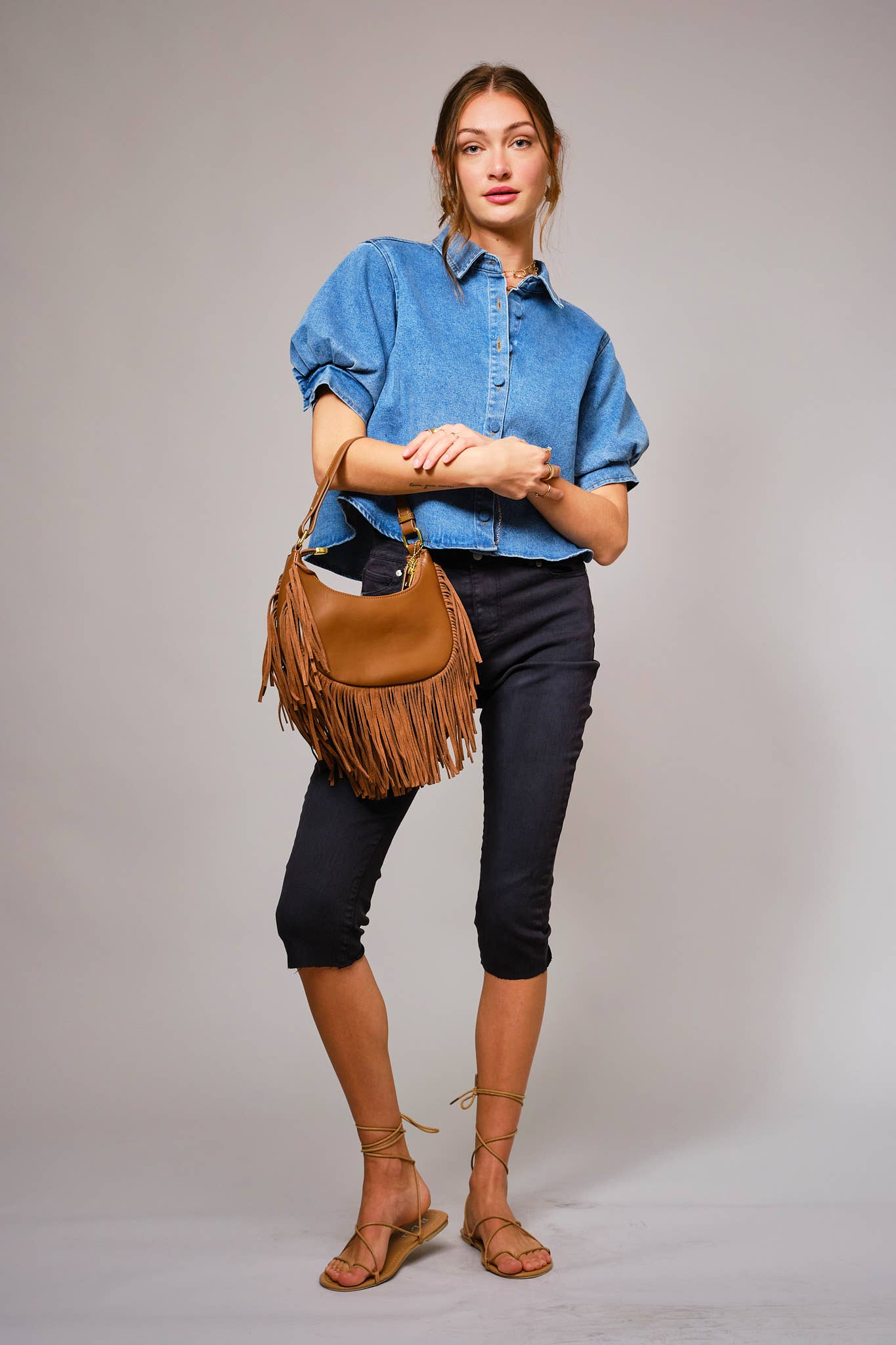 thumbnail image 2 of Women's Denim Blouses Posijego Women's Denim Shirts Short Sleeve Button Down Shirt Collared Casual Summer Tops Womens Clothes Denim Puff Sleeve Top 2 of 10