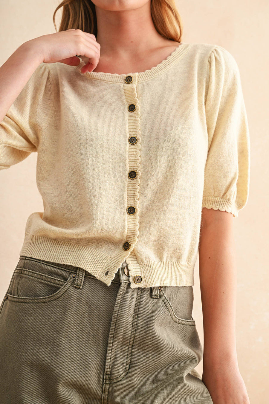 Puff Short Sleeve Button Down Knit Cardigan