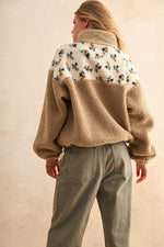 Half Zip Floral Print Contrast Sherpa Pullover
