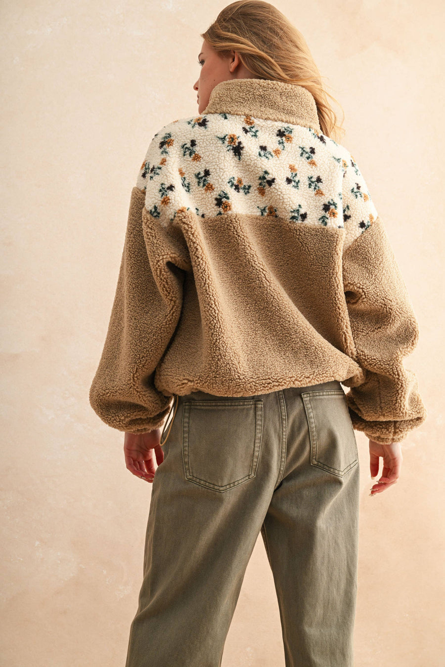 Half Zip Floral Print Contrast Sherpa Pullover