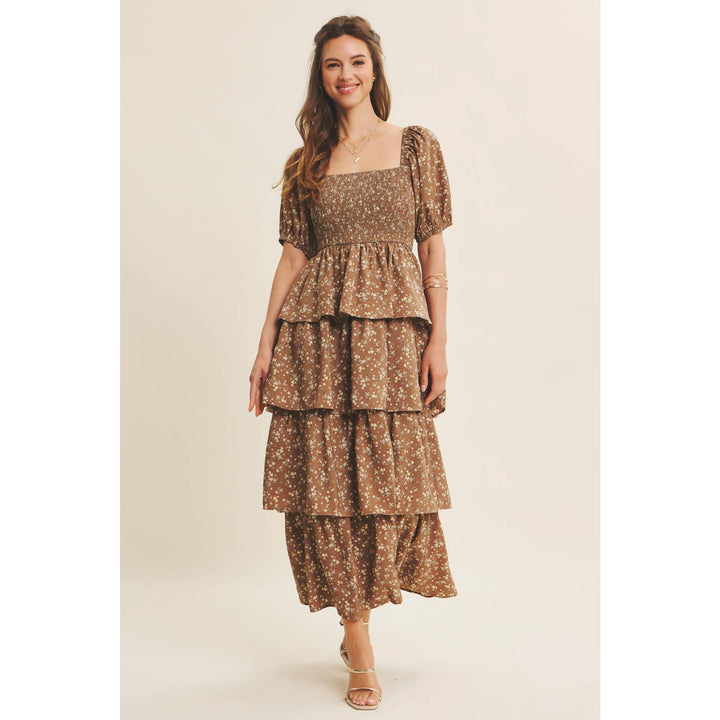 Victorian Floral Smocked Maxi Dress with Puff Sleeves and Ruffles