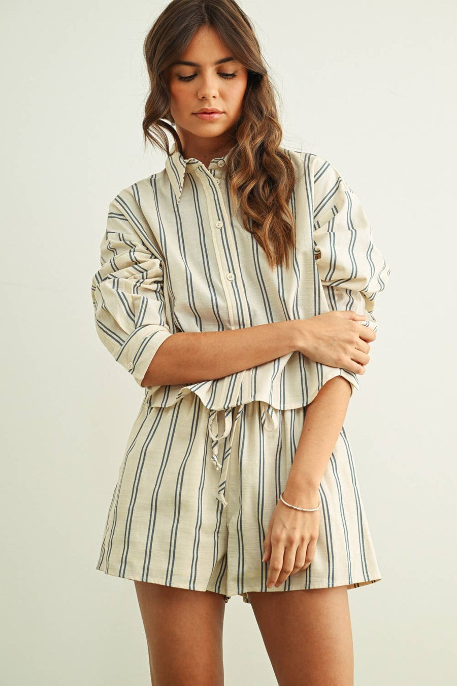 Striped Button Front Short Sleeve Shirt Blue / Small