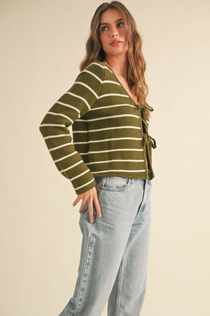 Striped Tied Front Cardigan in Olive and White