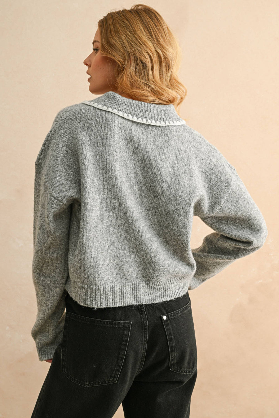 Stitch Detail Collared Pullover Sweater Top