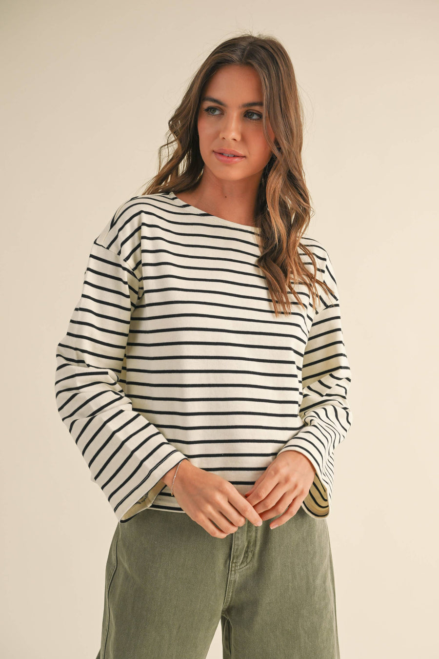 Striped Pattern Long Sleeve Top in White and Black