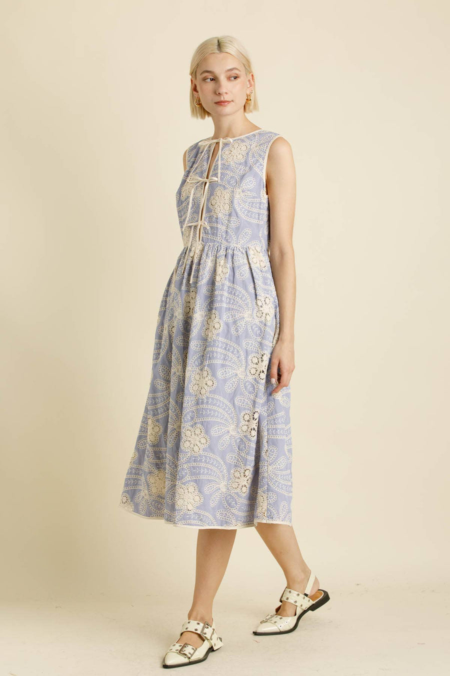 Embroidered Striped Midi Dress