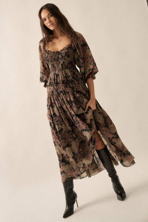 Floral Smocked Three-Quarter Sleeve Maxi Dress