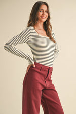 Striped Long Sleeve Knitted Top in Black Stripe