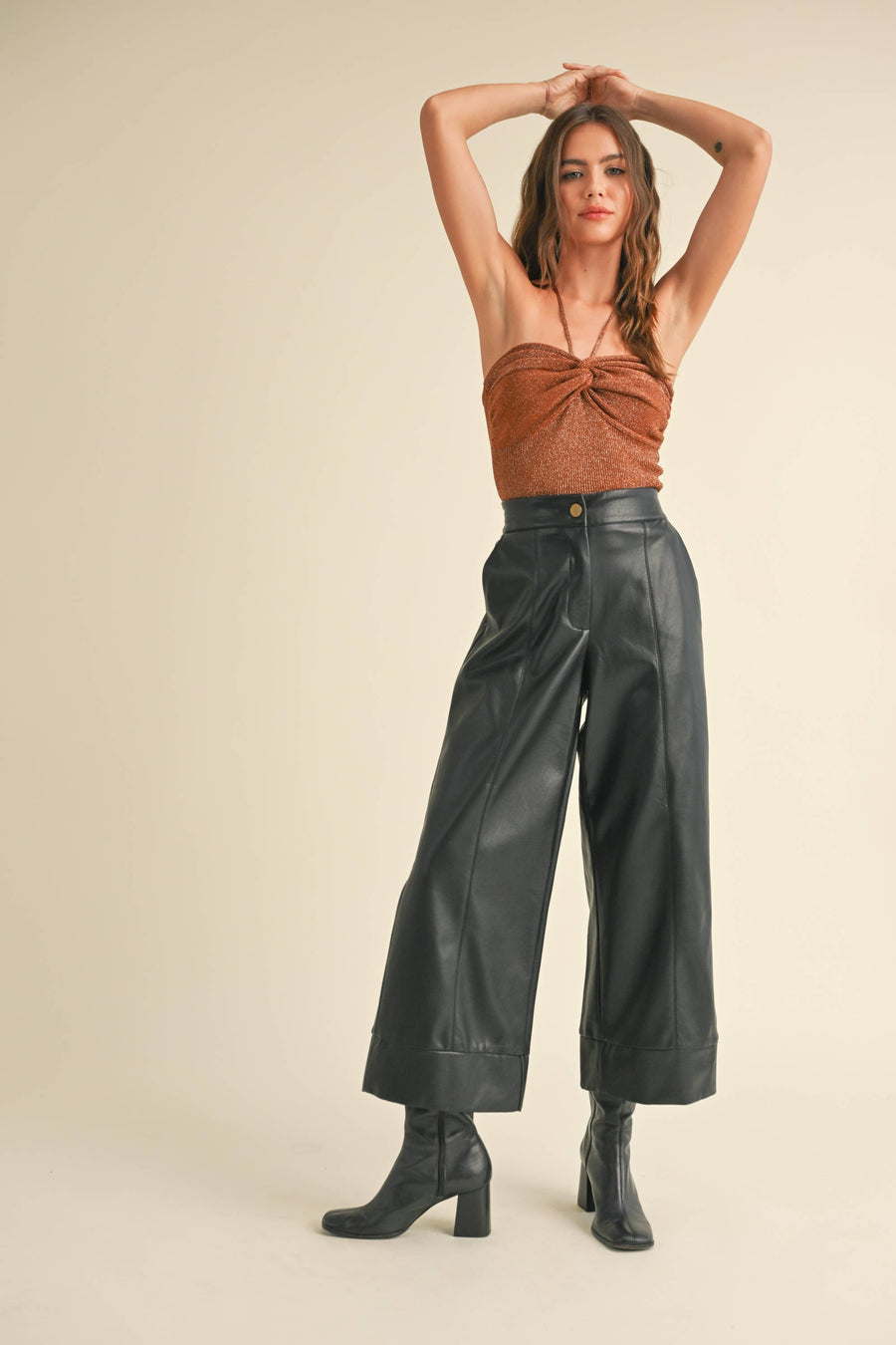 Pu Wide Straight Leg Pants in Black