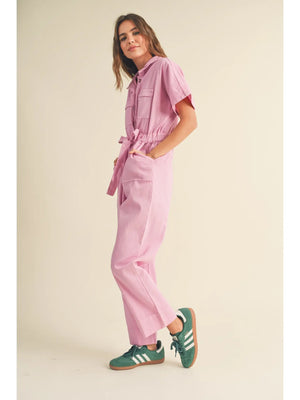 Washed Cotton Utility Jumpsuit in Pink
