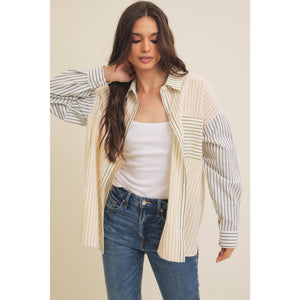 Relaxed Fit Hi Lo Color Block Mixed Stripe Button Down Shirt