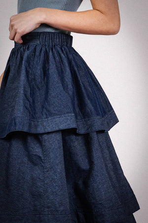 Smocked Waistband Denim Tiered Midi Skirt