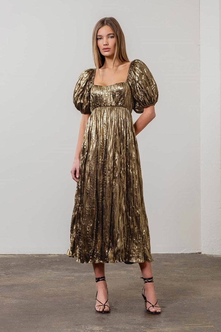 Puff Sleeve Gold Stud Maxi Dress