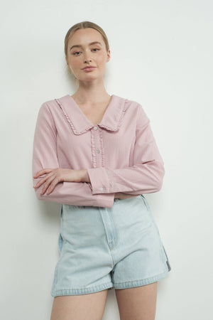 Checked Ruffle Edge Collar Buttondown Blouse by Aaron & Amber