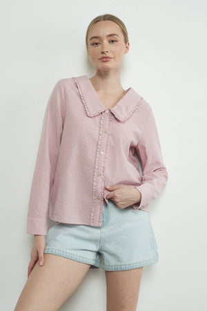 Checked Ruffle Edge Collar Buttondown Blouse by Aaron & Amber