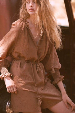 Solid Jacquard Belted Button-Front Romper in Taupe