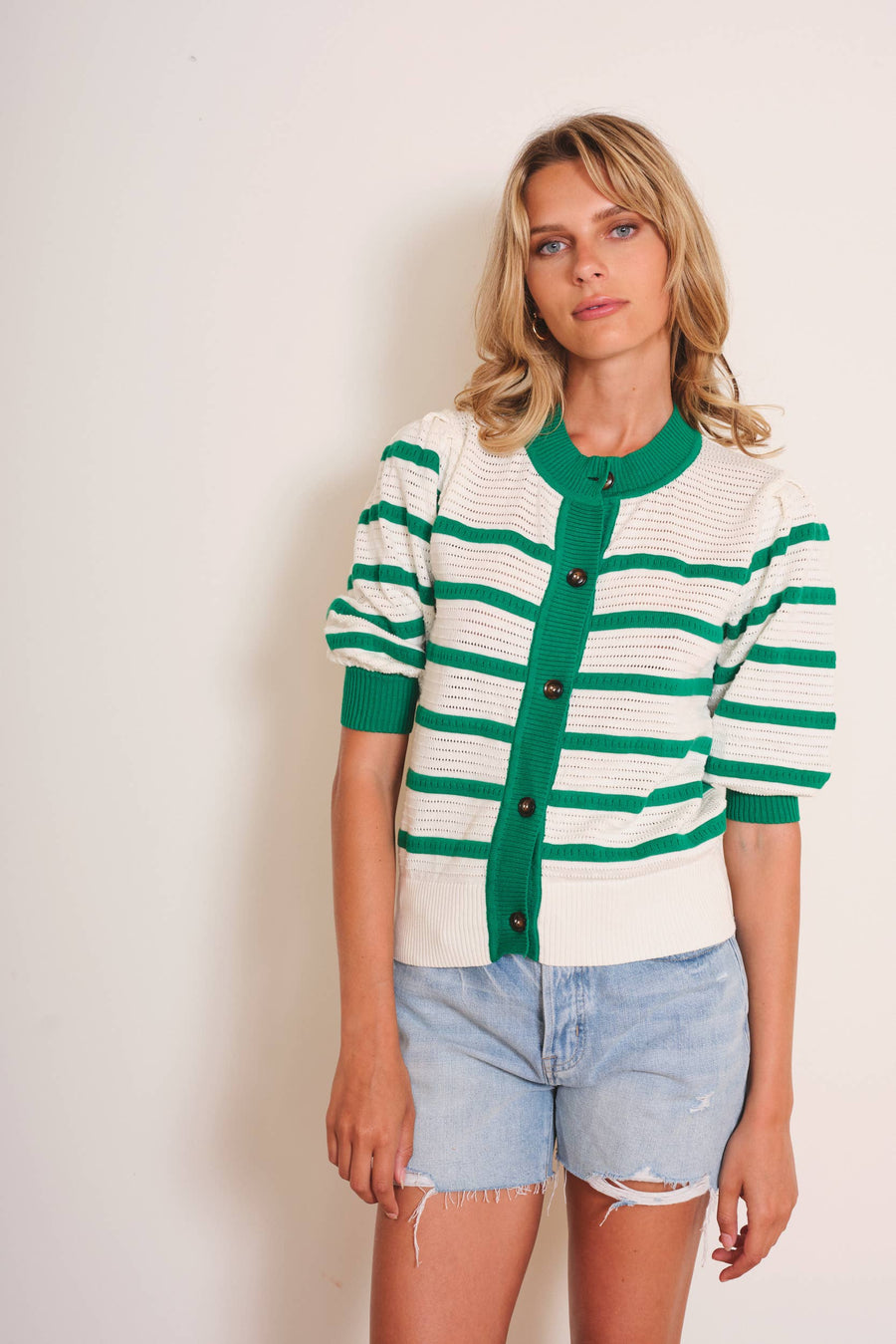 Lecce Cardigan in Green and White by dRA