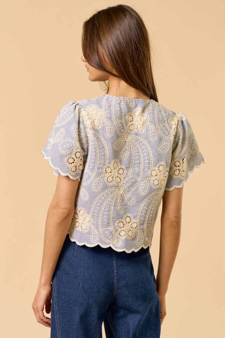 Floral Embroidery Scalloped Trim Top
