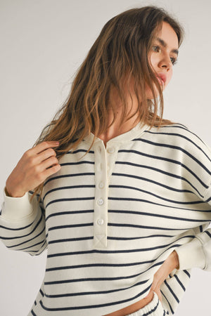 Striped Terry Fabric Half Button Top in Navy Stripe