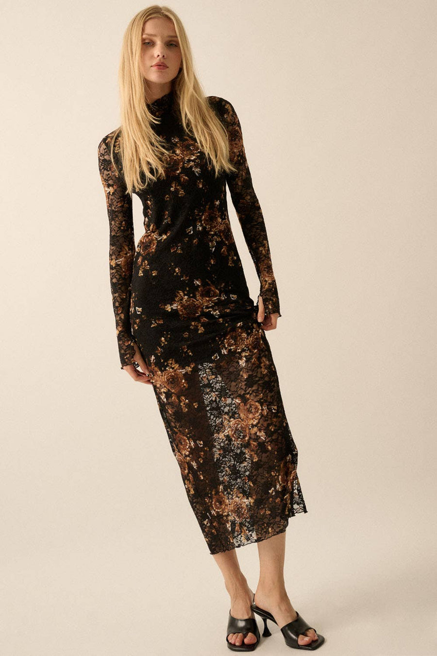 Floral Print Lace Midi Dress in Black