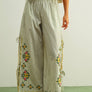 Floral Embroidery Striped Pants with Tie
