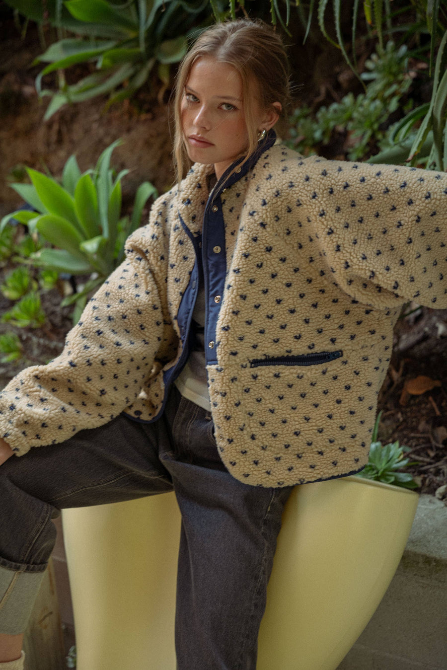 Button Front Pattern Sherpa Jacket