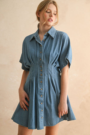 Chambray Denim Button Front with Pleat Detail Dress