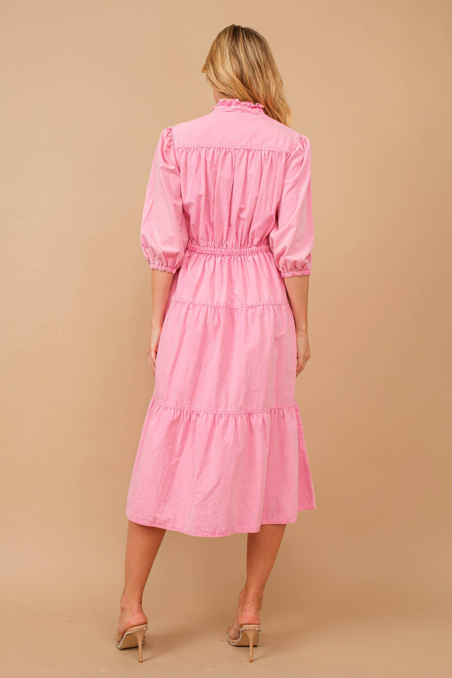 Chevron Yoke Denim Midi Dress in Hot Pink