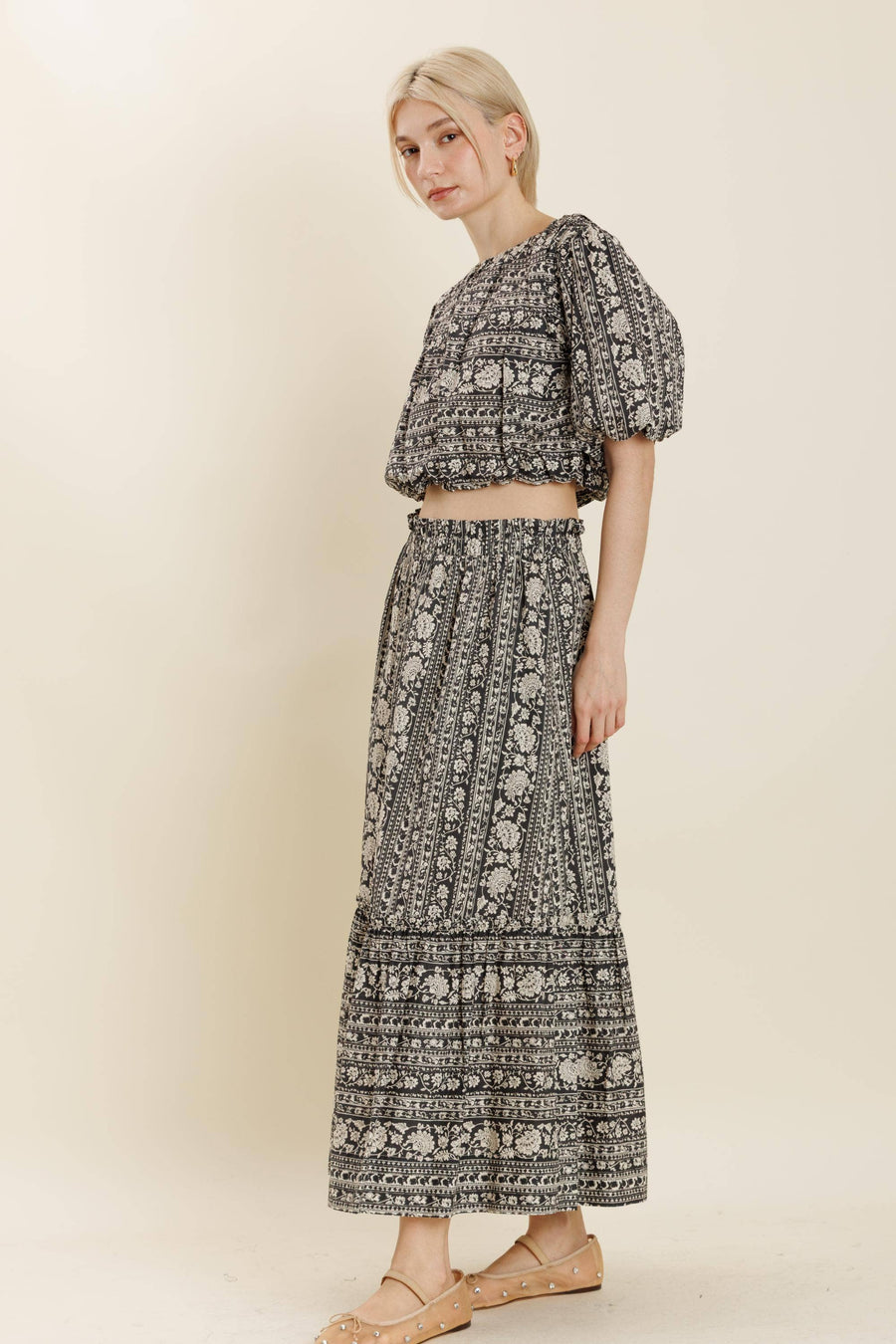 Striped Floral Midi Skirt