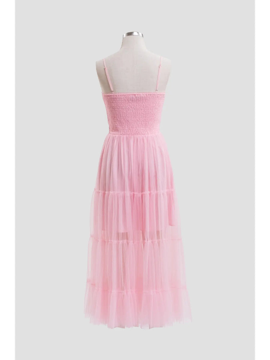 Pleated Tulle Semi-Sheer Tiered Dress