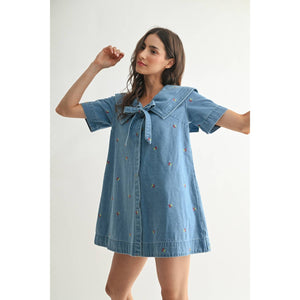 Stylish Denim Dress with Embroidery Cherries