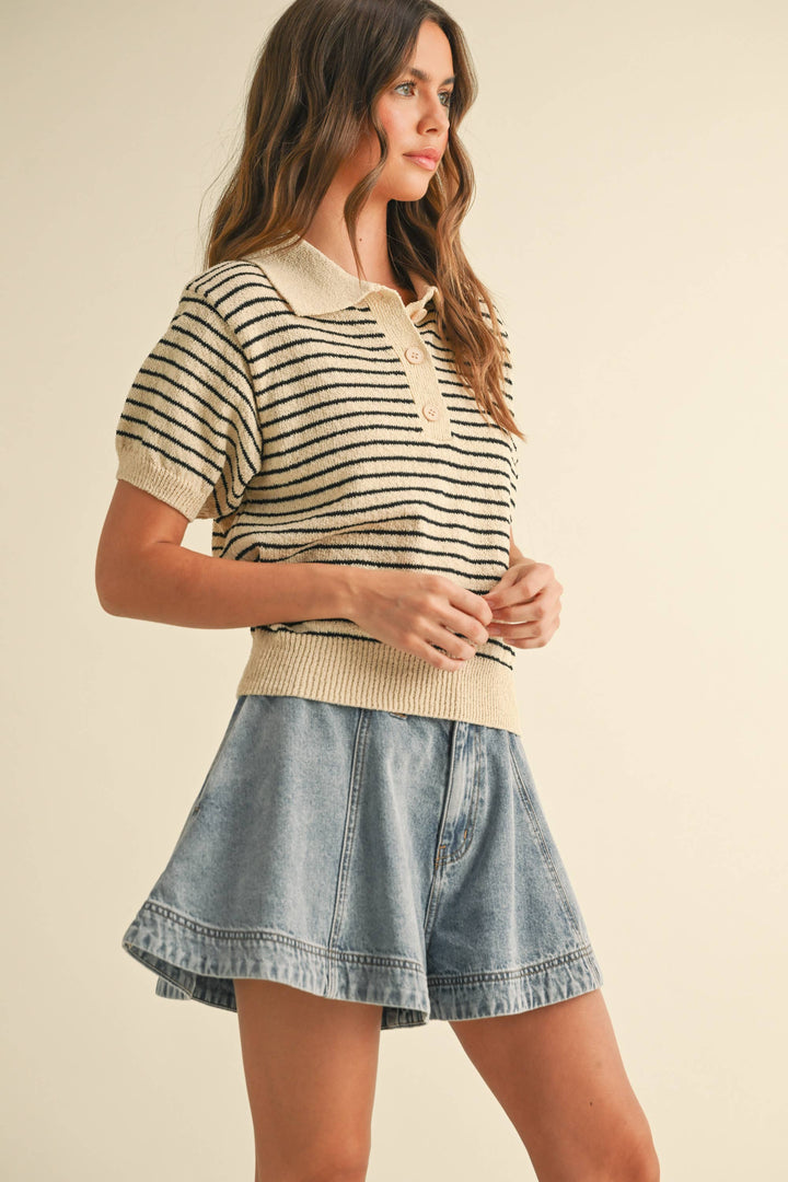 Striped Button Front Short Sleeve Knitted Top