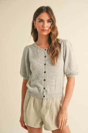 Puff Short Sleeve Button Down Knit Cardigan